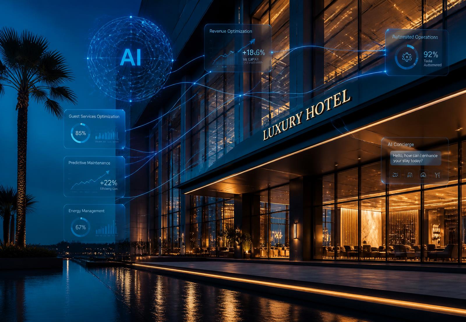 Hotel mediterráneo iluminado disolviéndose en flujos de datos de inteligencia artificial